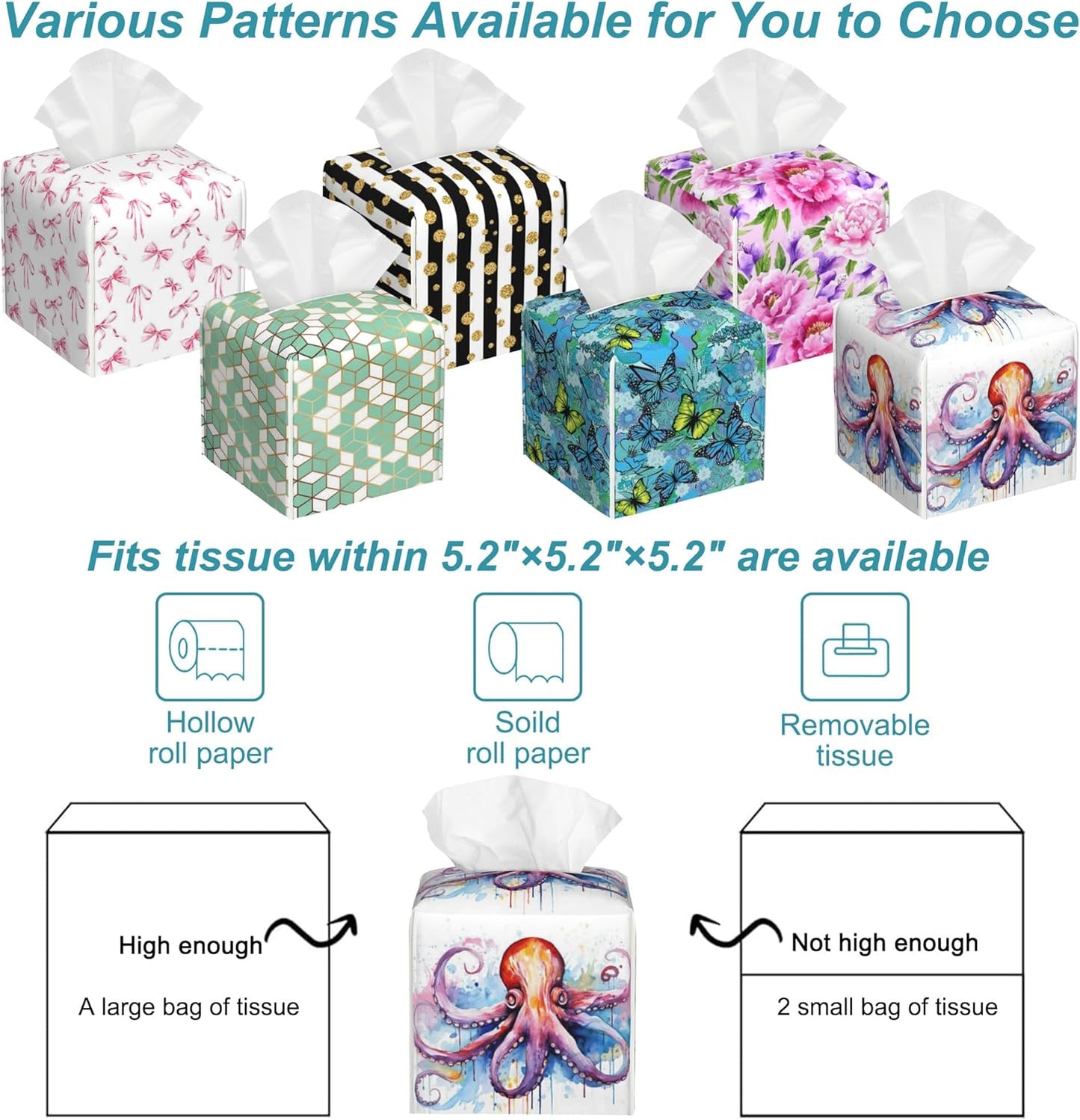 Watercolor Squid Tissue Box Cover,Colorful Splashes Tissue Box Holder Square with Bottom Belt,Waterproof Modern Napkin Holder Organizer for Bedroom Dresser Night Stand Office Desk,5.2" x 5.2" x 5.2"