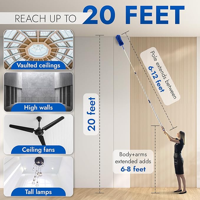New U.S. Duster Company Triple Action High Reach Dusting Kit | Webster Cobweb Ceiling Fan Duster with 13 to 20 Foot Extension Telescope Pole | Lightweight Microfiber Cleaning Set…
