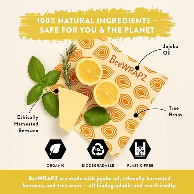 BeeWRAPZ Reusable Beeswax Wraps for Food | Eco Friendly & Organic | Eco-Friendly & Plastic-Free Food Storage | Biodegradable |Pack of 3 Beeswax Food Wraps for Wrapping Fruits & Vegetables (Orange)