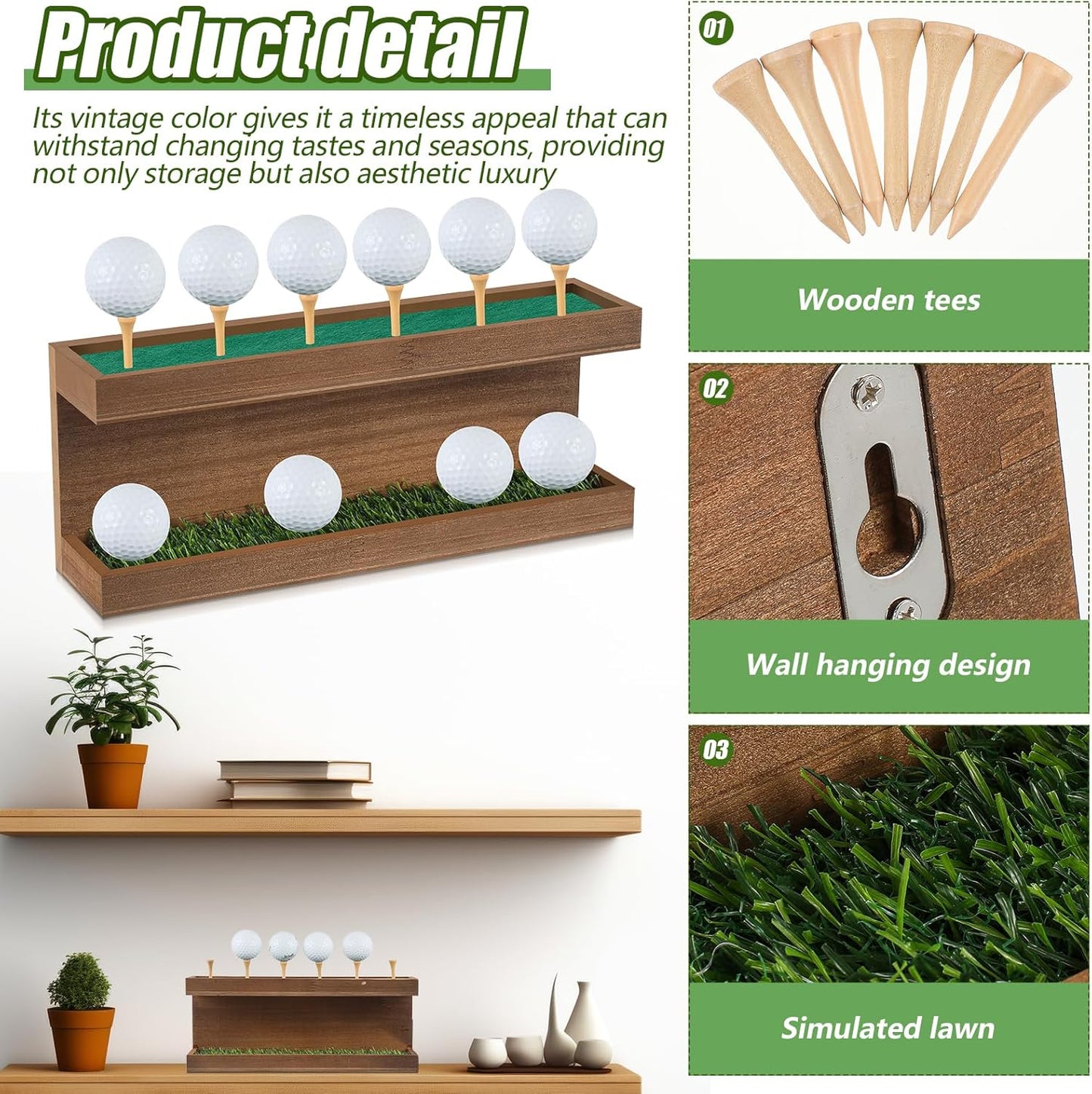 Menkxi Rustic Wood Golf Ball Holder 12.5 x 3 Inch Wall Mounted Vintage Display Stand Floating Shelf with Golf Tees for Christmas Storage Party Decor Supplies