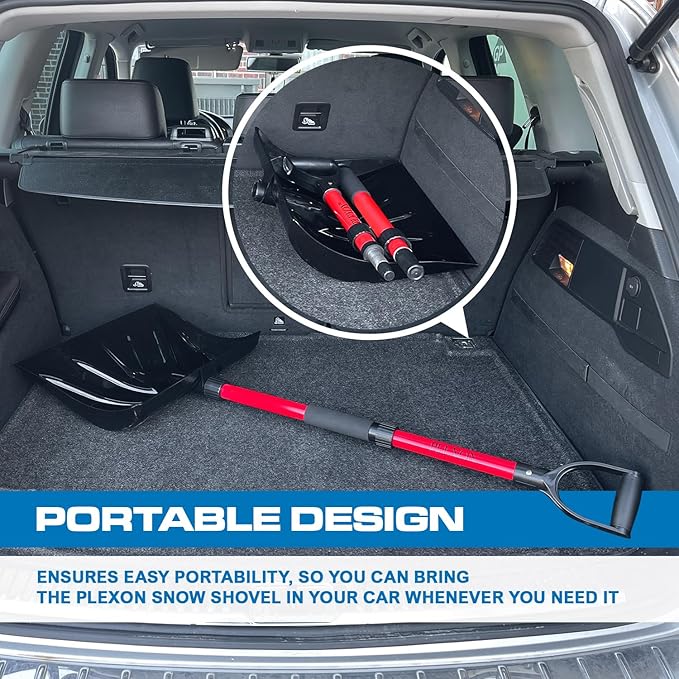 PLEXON Plastic Snow Shovel for Driveway Car Deck, Lightweight Heavy Duty Folding Collapsible Snow Pusher for Snow Removal, Home Garage, 47" Ergonomic Foldable, D-Grip Handle