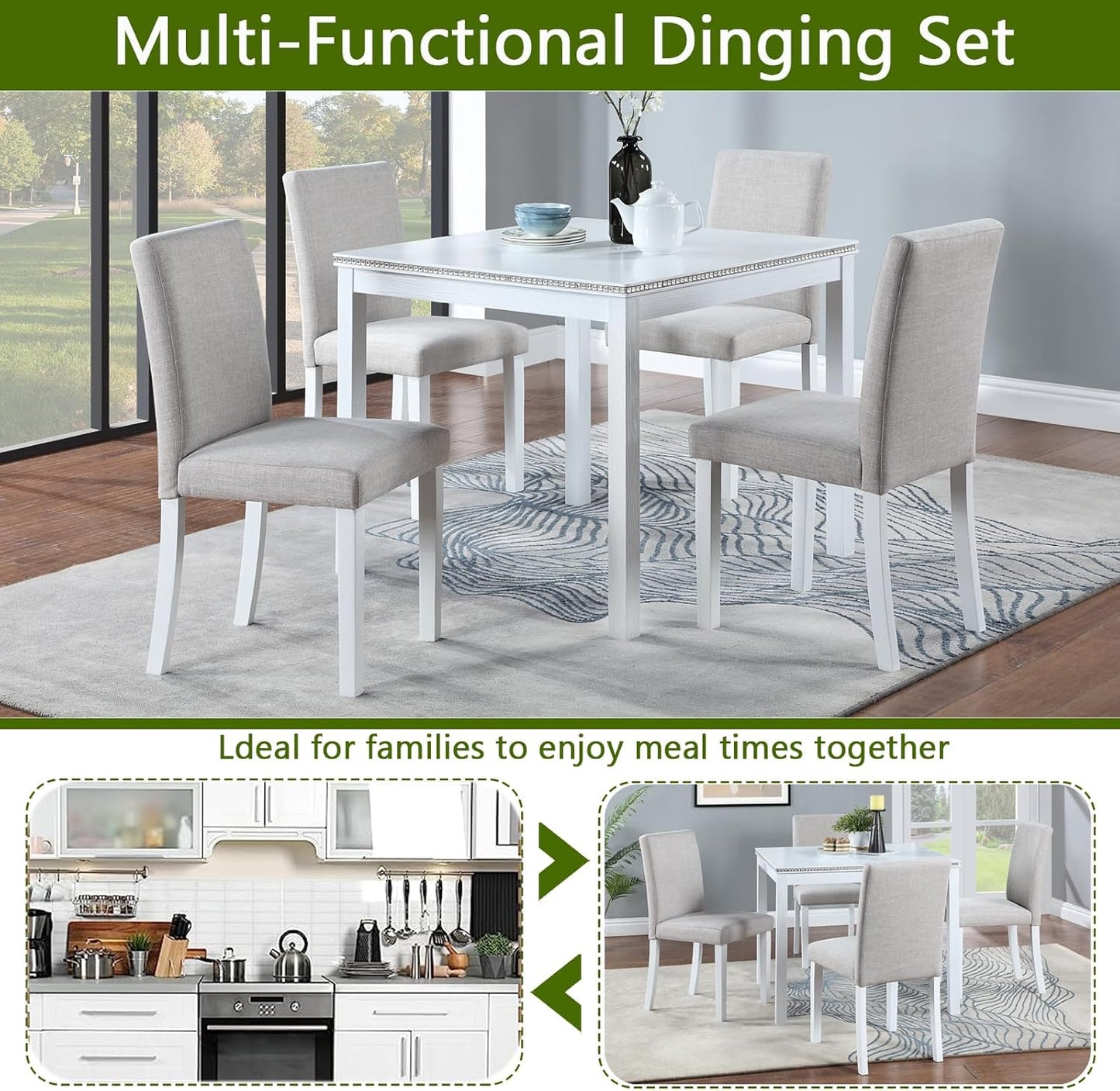 KEIKI 5-Piece Standard Height Dining Table Set with Square Table and 4 Upholstered Chair, for 4 Person, Modern Style Crystal Decoration Wood Table Set, Easy Assembly, for Kitchen, Dining Room, White