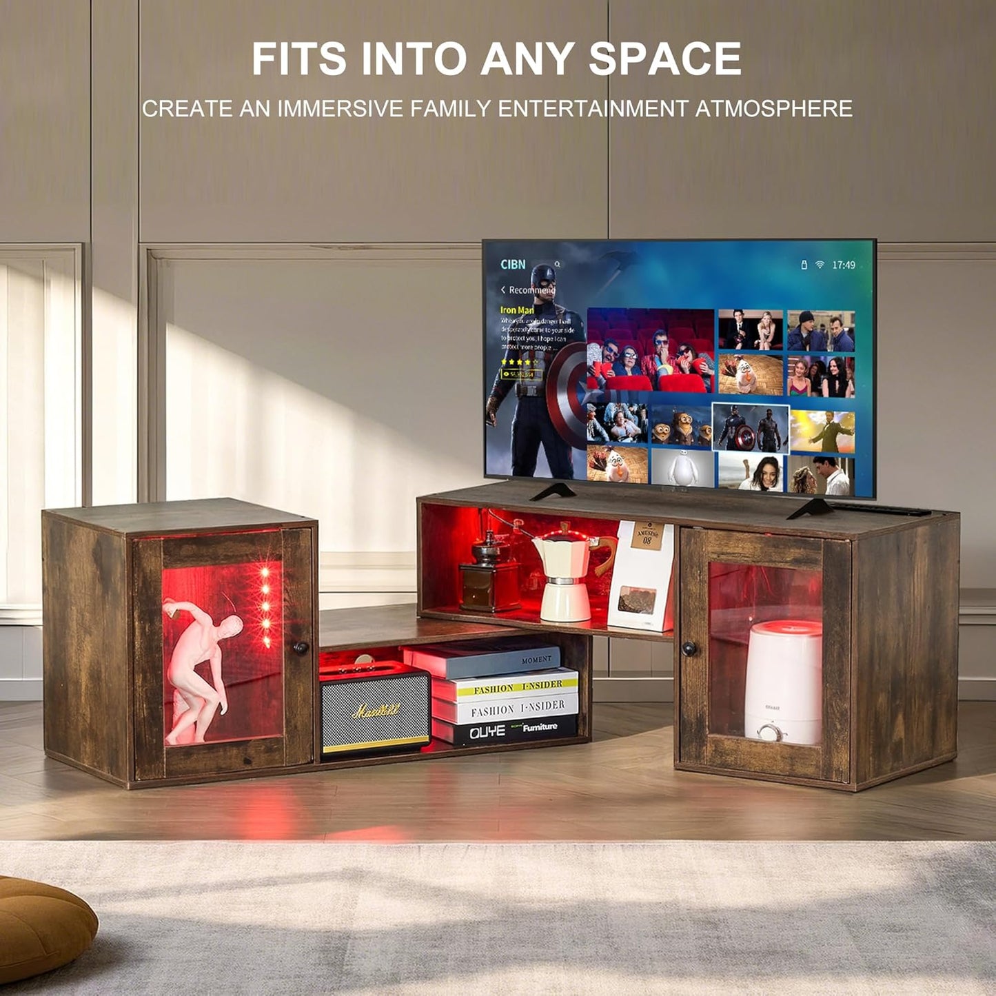 VECELO LED TV Stand for Televisions up to 70 Inchs Modern Entertainment Center with Storage, Media Console with 23 Flashing Options and 4 Customizable Modes for Living Room, Bedroom, Brown