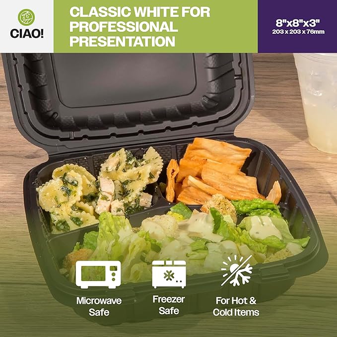 CIAO! 8"x8"X3" MFPP Black Hinged Container With Lid 3 Compartment (Case of 200)