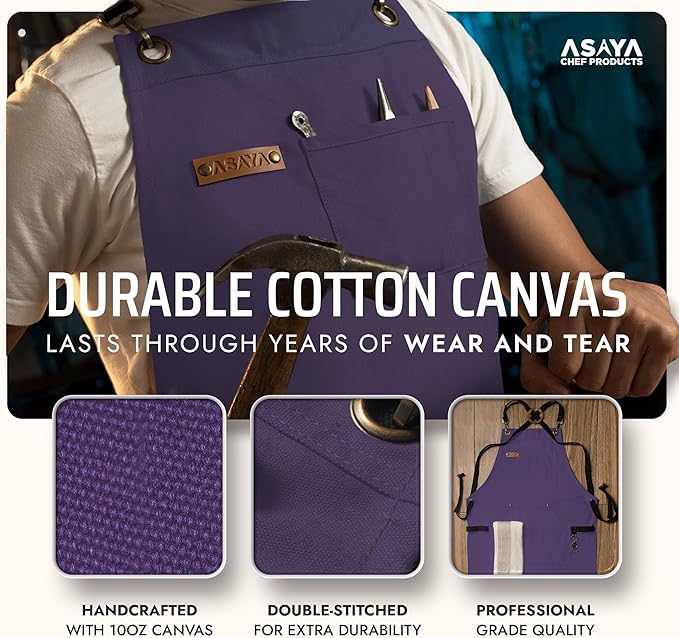 Asaya Chef and BBQ Apron with Bottle Opener and Hand Towel - 10oz Cotton Canvas, Stainless Steel Hardware - Cross Back Straps