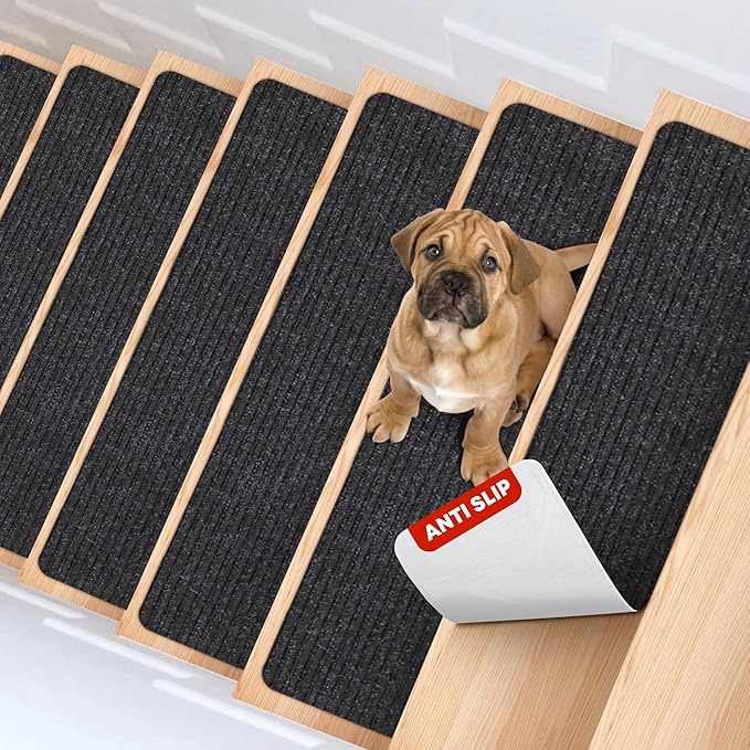 MBIGM 8" X 30" (7 in Pack) Non-Slip Carpet Stair Treads Non-Skid Safety Rug Slip Resistant Indoor Runner for Kids Elders and Pets with Reusable Adhesive - Black