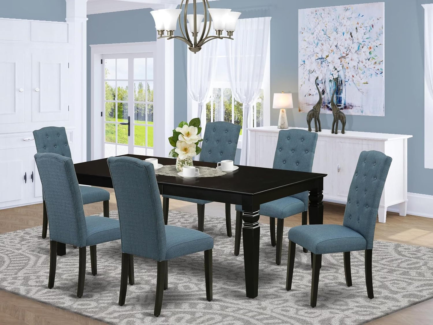 East West Furniture LGCE7-BLK-21 7 Piece Modern Dining Set Consist of a Rectangle Dining Table with Butterfly Leaf and 6 Mineral Blue Linen Fabric Upholstered Chairs, 42x84 Inch, Black