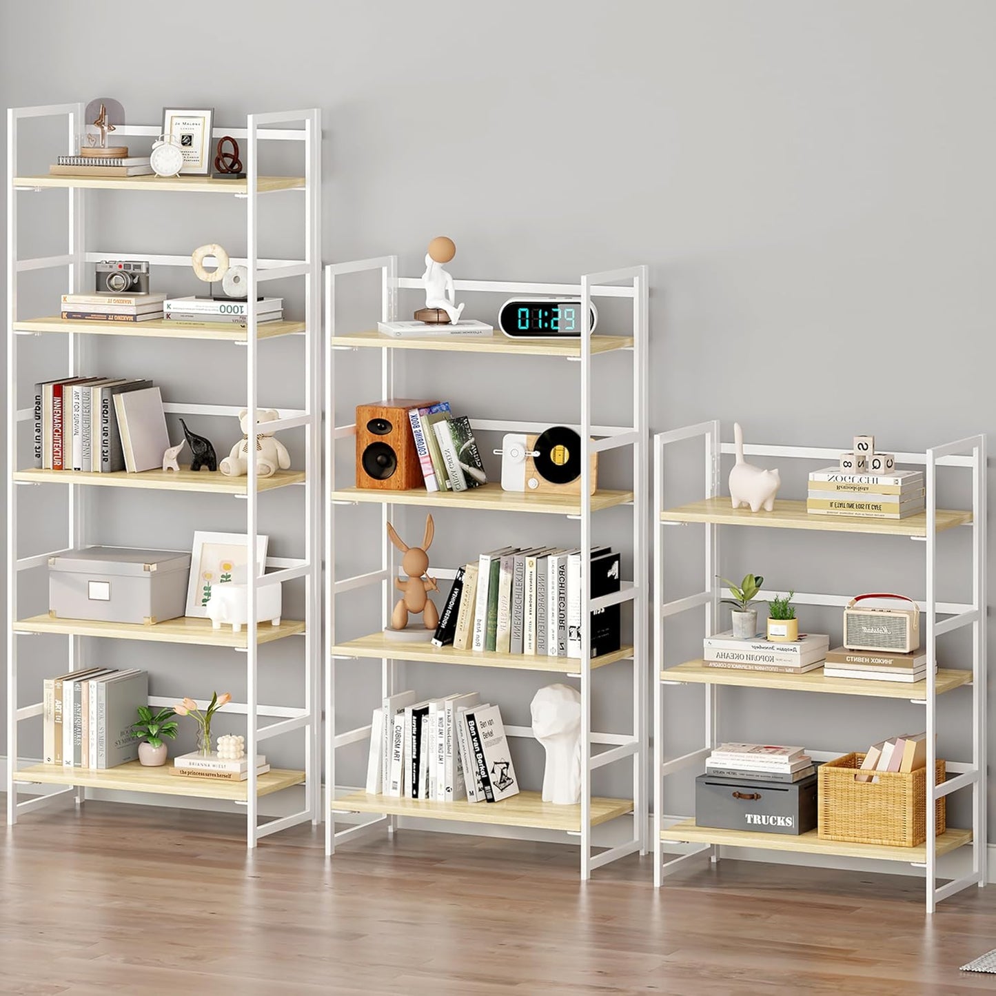 BHG Vintage Multifunctional Folding Bookshelf, No-Assembly Plant Stand Storage Rack Shelves for Home Office (White, 3-Tier)