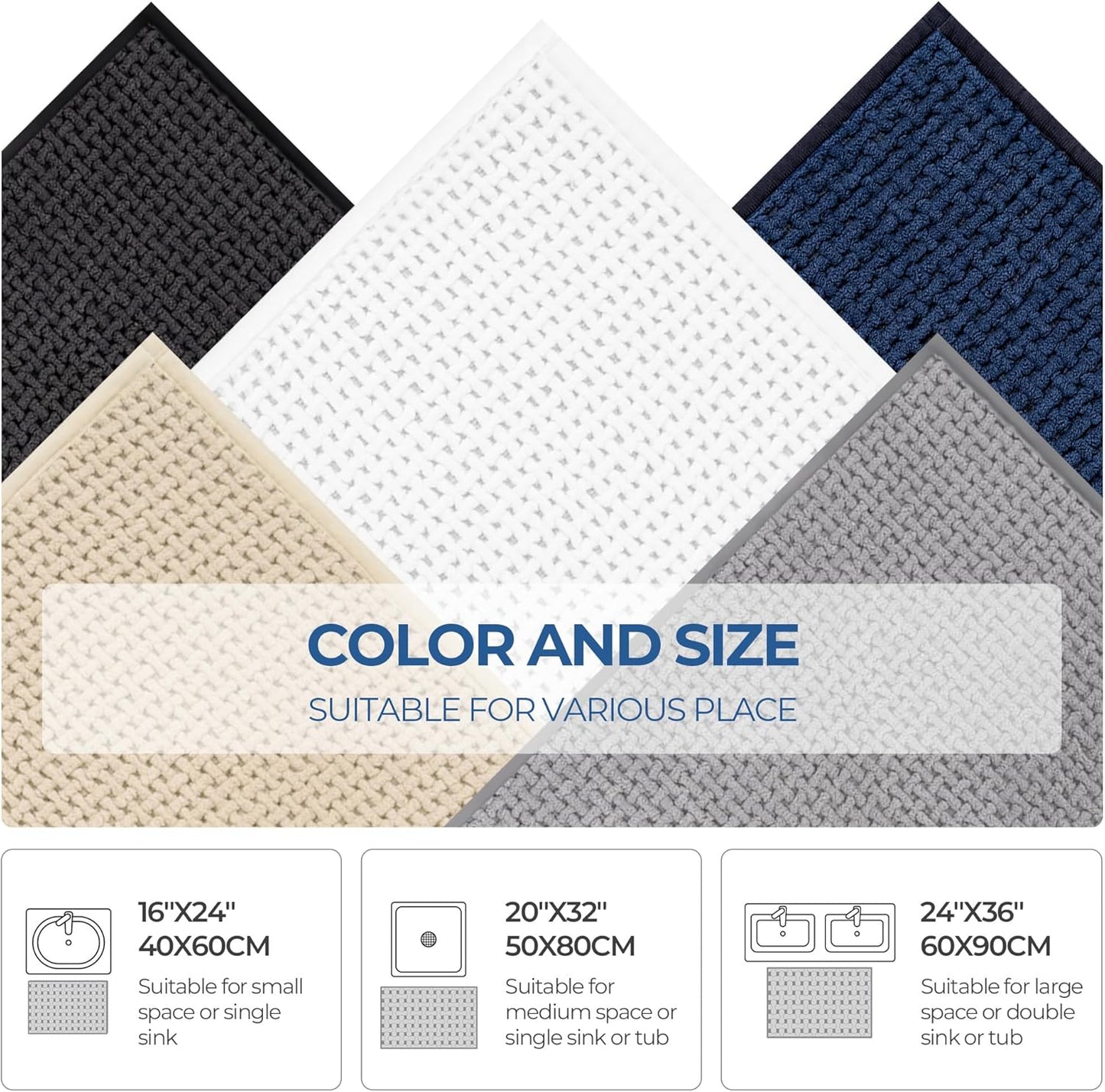 GRANNY SAYS Blue Bathroom Rugs Non Slip Washable, Absorbent Bath Mats 32" x 20", Thin Chenille Bathroom Rug, Quick Dry Bath Mat, Soft Rug for Tub and Shower