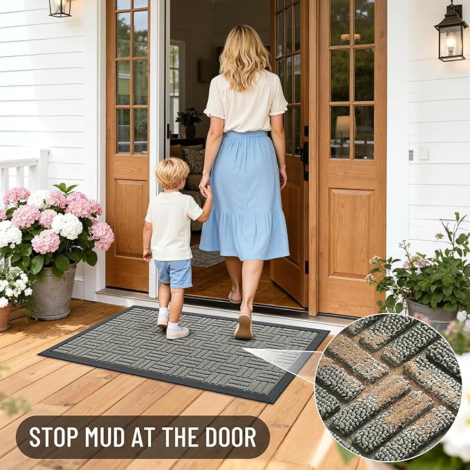 OLANLY Front Door Mat Outside Entrance 59x23, Absorbent, Heavy Duty Sturdy Natural Rubber Doormat Indoor Outdoor, Non-Slip, Stain and Fade Resistant, Low Profile Floor Mat for Entryway, Modern Gray
