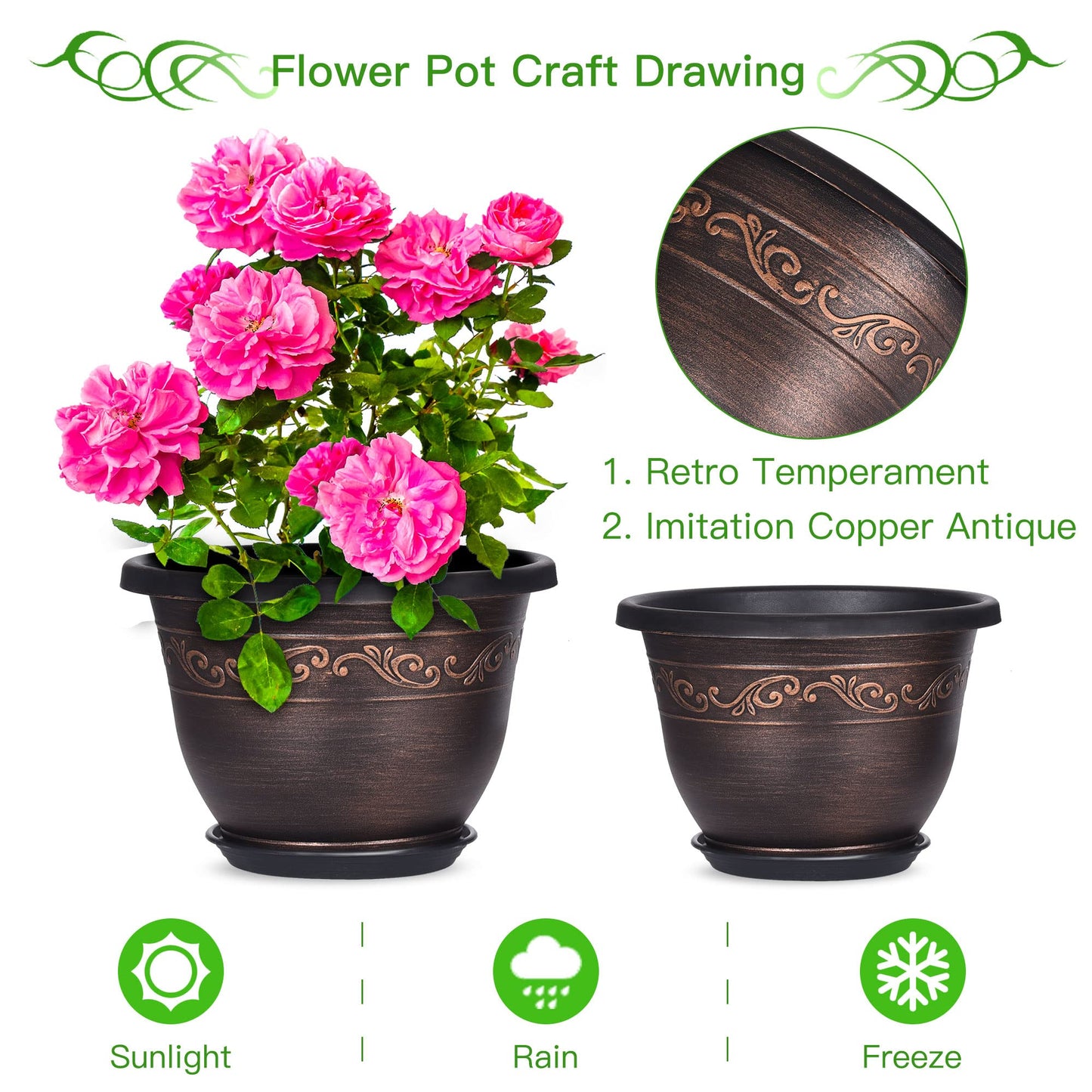 Plastic-Plant-Flower-Planters-12 Inch with Drainage Hole & Saucer, 3 Packs Lightweight Small Resin Flower Pot Indoor Outdoor, Retro Antique Imitation Decorative Garden Containers Sets for Houseplants