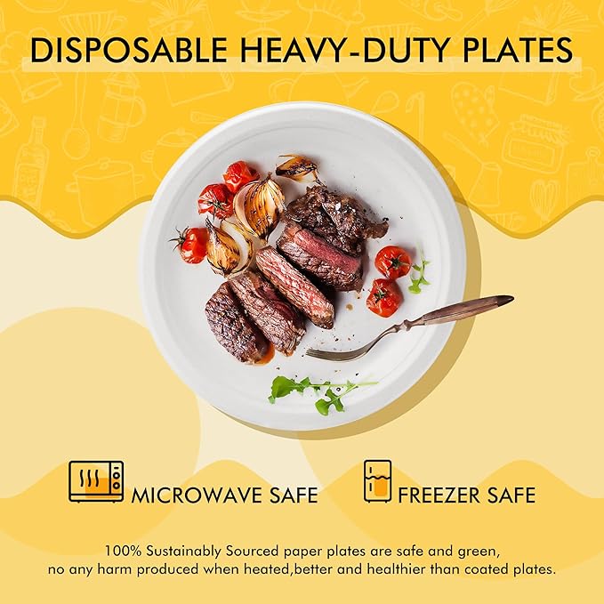 RACETOP 10 Inch [125 Pack] Paper Plates, Compostable Paper Plate, Disposable White Bagasse Plate, Heavy-Duty Biodegradable Plates, Eco-Friendly, Made of Natural Sugarcane Fibers
