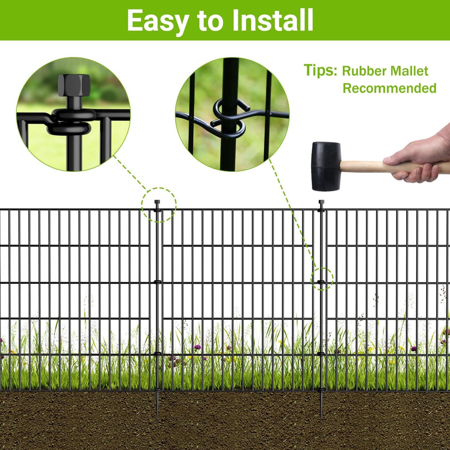 5 Panels No Dig Decorative Outdoor Garden Fence with Gate for Yard, 40 in(H) X 11.8 ft(L) Animal Barrier Fencing Rustproof Metal Wire Panel Border for Dog, Rabbits, and Patio Temporary Ground Stakes