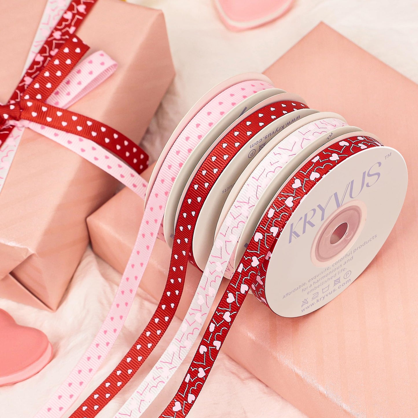 Kryvus Valentine's Day Ribbon Set - 4 Rolls Heart Printed Grosgrain Ribbon, 3/8 Inch x 60 Yards Total for Gift Wrapping, Crafts, Home Decor, Party Supplies (Red, White, Pink, Hot Pink)