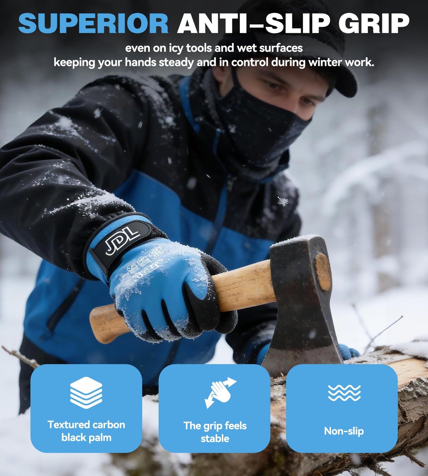 JDL 100% Waterproof Winter Work Gloves for Men & Women, Thermal Insulated Freezer Gloves for Cold Weather, Super Grip Palm, Blue, XX-Large