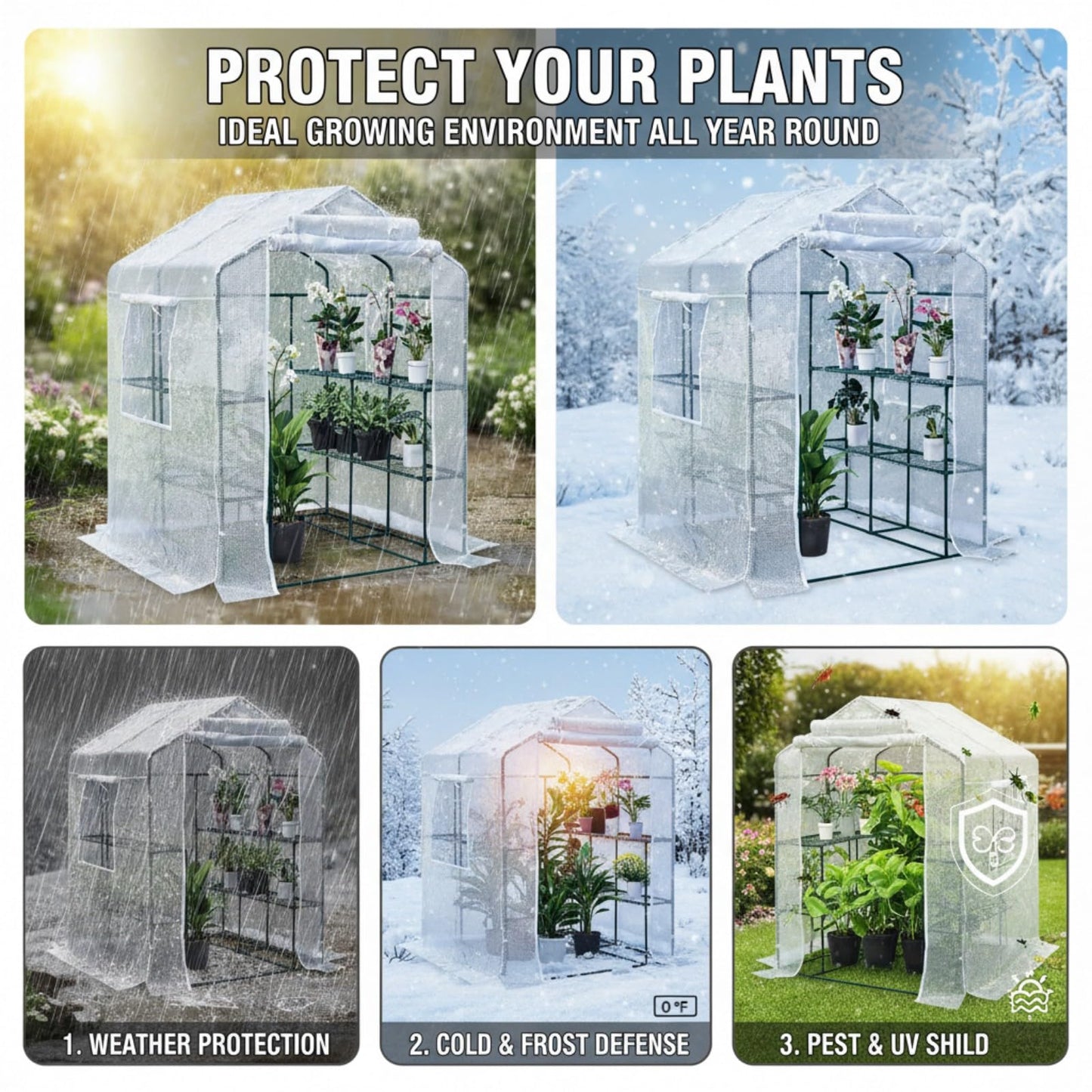Solayis 56"×55"×74" Walk-in Garden Greenhouse | Thickened PE Cover & Heavy Duty Steel Frame | 3 Tiers 4 Shelves, Mesh Door & Windows | Portable for Indoor Outdoor Use (White)