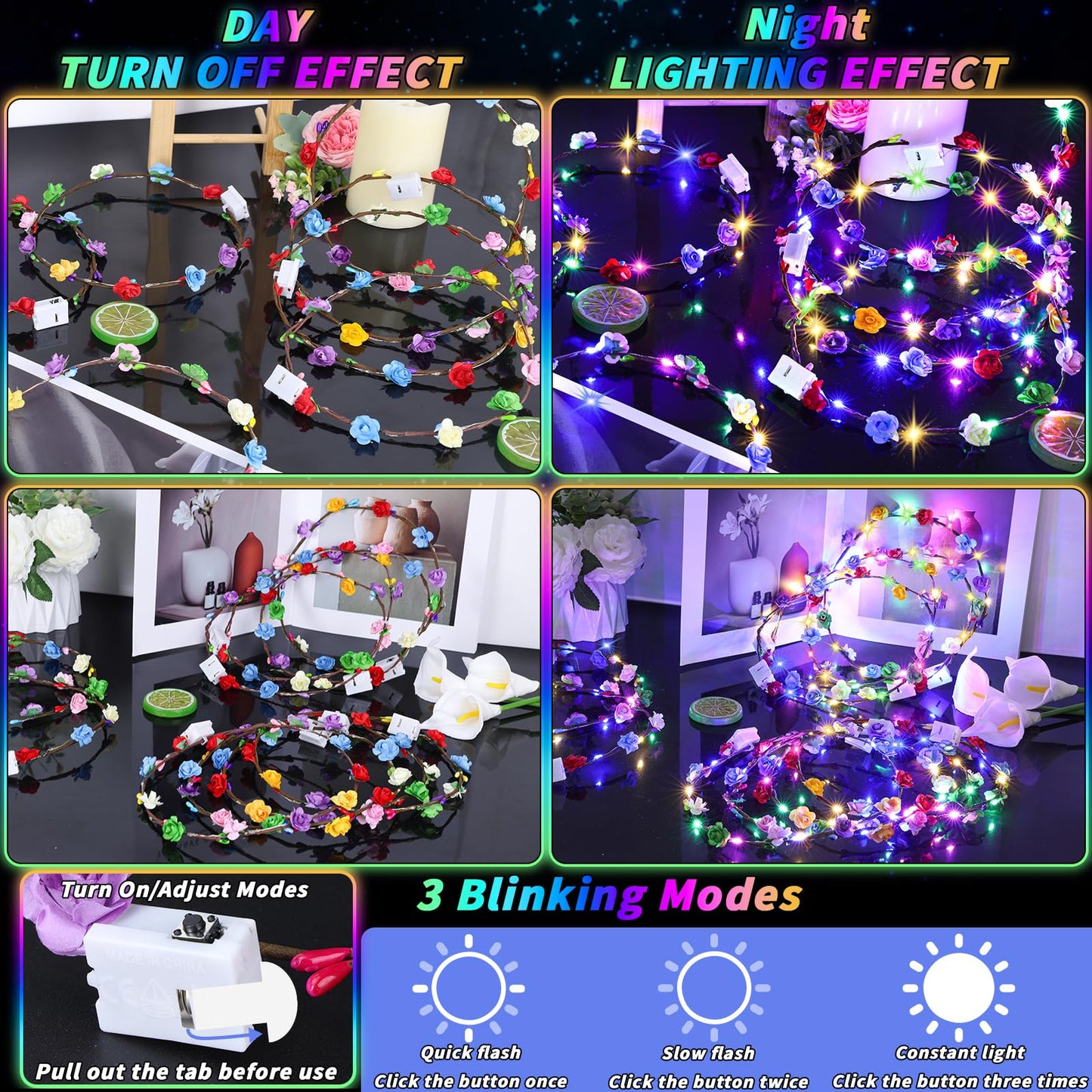 UZLU 80 Pcs LED Flower Crown Headband Glow Floral Wreath Crown for Women Light Up Flower Headband Glow in the Dark Hair Accessories for Wedding Birthday Cosplay Beach Party Favor