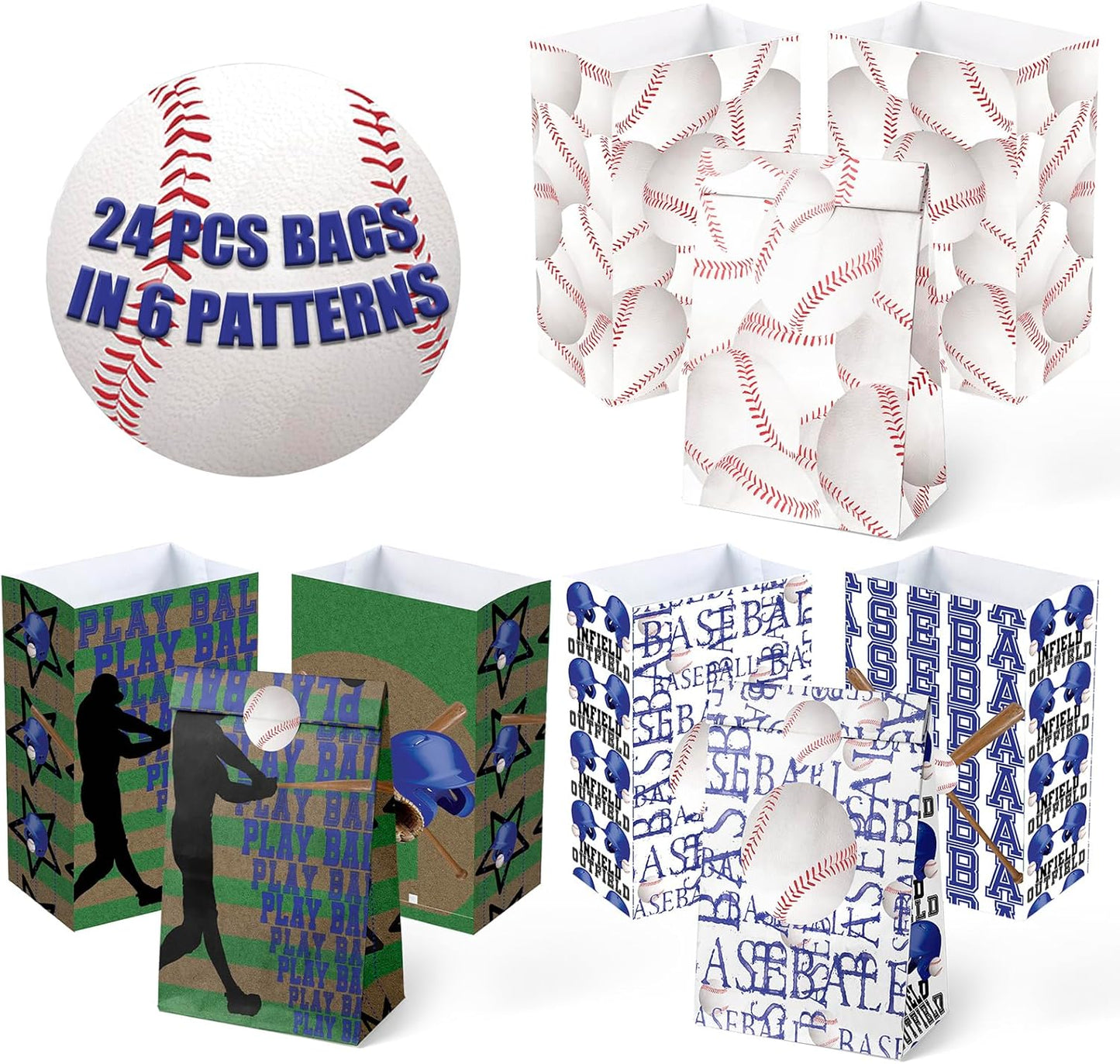 Baseball Party Favor Bags for Kids – 24 Pcs Baseball Gift Bags with 6 Designs, Paper Treat Bags for Boys Sports Theme Birthday Party Decorations Supplies