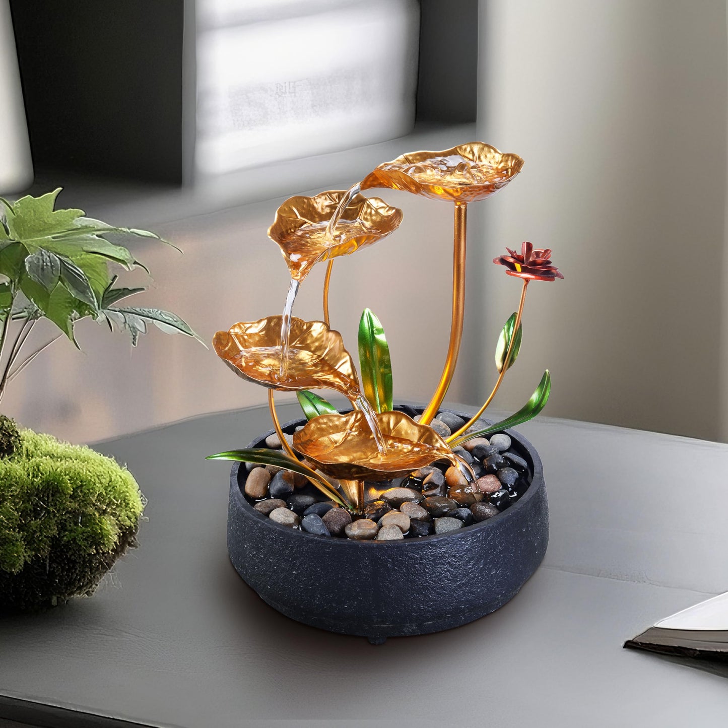 MSEONWXI Tabletop Fountain Metal Lotus Circulating Fountain Water Feature for Zen Home Decor Warm Yellow Scene Light(23034)