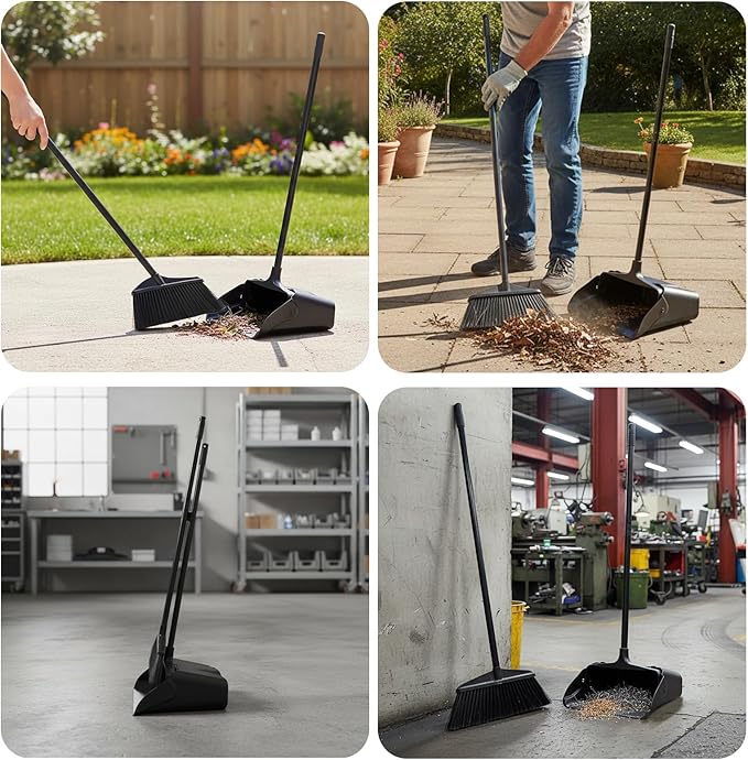 Broom and Dustpan Set with Long Handle and Wheels, Upright Standing Heavy Duty Large Dust Pan and Broom Combo for Indoor Outdoor, Kitchen, Garage, Restaurant Cleaning – Black