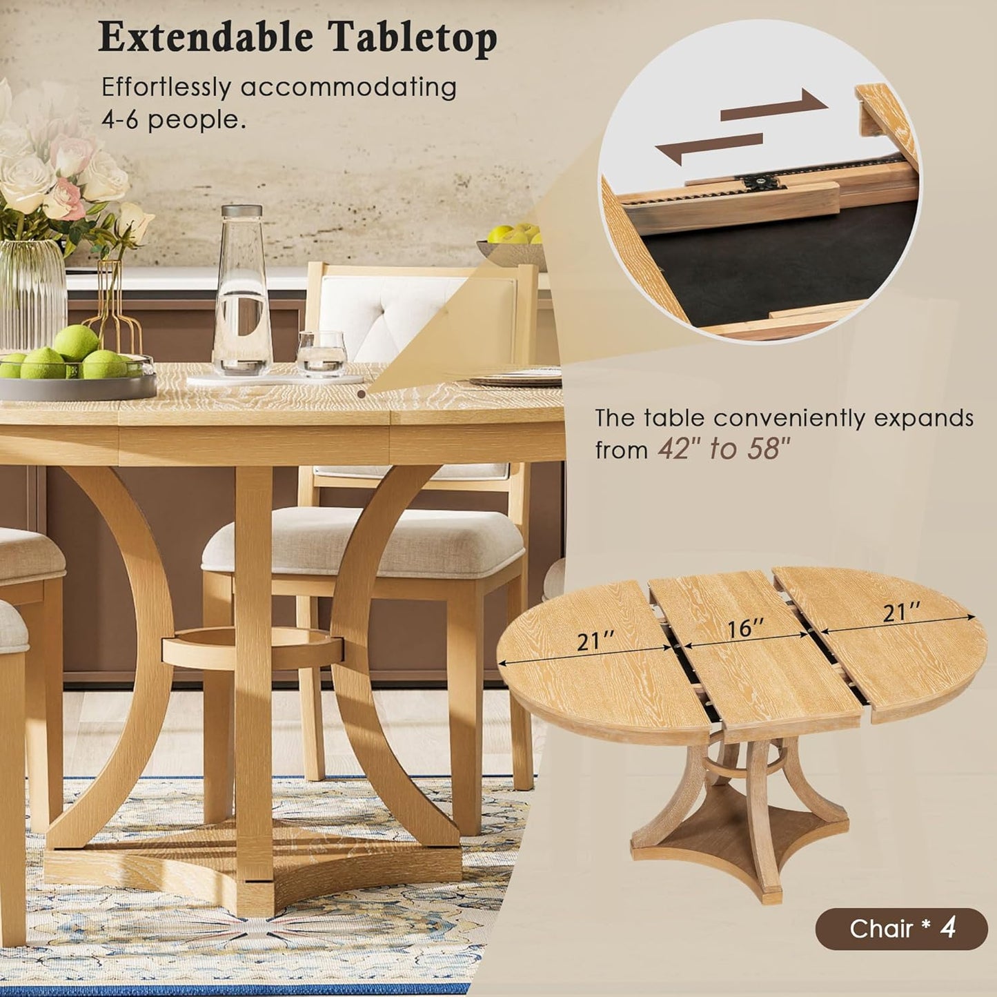 Ball & Cast Retro Dining Table Set for 4 with 4 Upholstered Chairs,5-Piece Wooden Living Room Furniture W/ 42" Round Extendable Kitchen Desk,for Small Space,Apartment,Dining Room,Natural