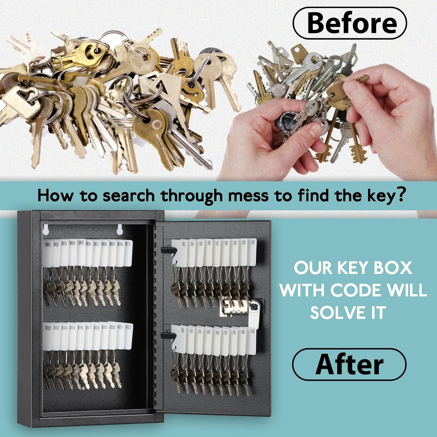 KYODOLED Locking Key Cabinet, 40 Key Storage Lock Box with Code, Key Box Wall Mount with Combination Lock, Key Hooks & Tags Key Labels, 2.5" D x 8" W x 12" H (Black,40 Key)