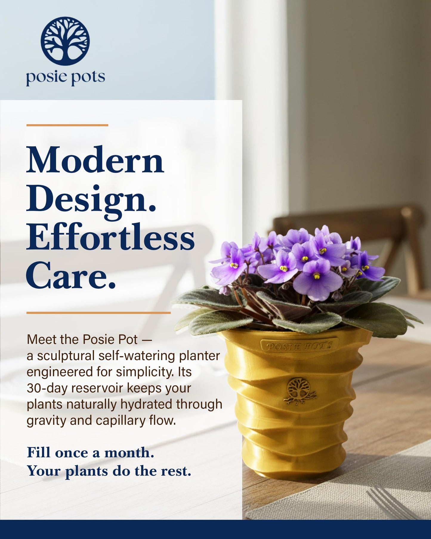 Posie Pot Medium Wave Self Watering Planter for Indoor Plants - 5x5 Inch Patented Pot with 10X Water Reservoir - Modern 3D Printed Desk Planter - Root Rot Free - Eco Friendly, Made in USA, Gold