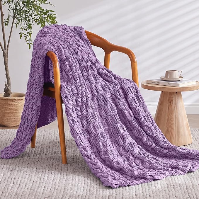 Knitted Weighted Blanket Adults, No Beads Heavy Blanket 40” x 60'' 7lbs, Breathable Chunky Knit Blanket, Cooling Weighted Blanket for Hot Sleepers, Christmas Home Decor (Lilac)