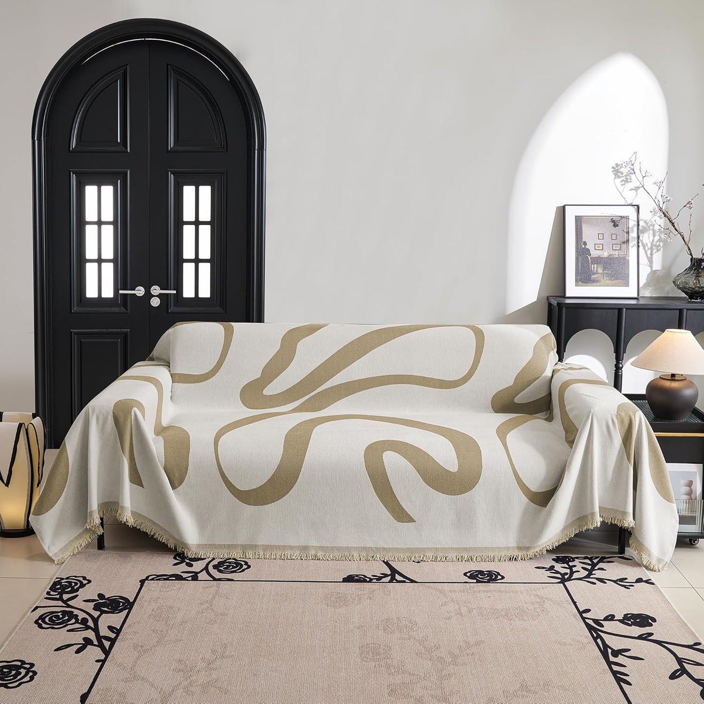 MYSKY HOME Couch Cover for 3 Cushion Sofa, Super Soft Boho Couch Covers for Dogs Washable, Jacquard Slipcover Furniture Protector for Living Room, 91" x 134", Khaki Curve