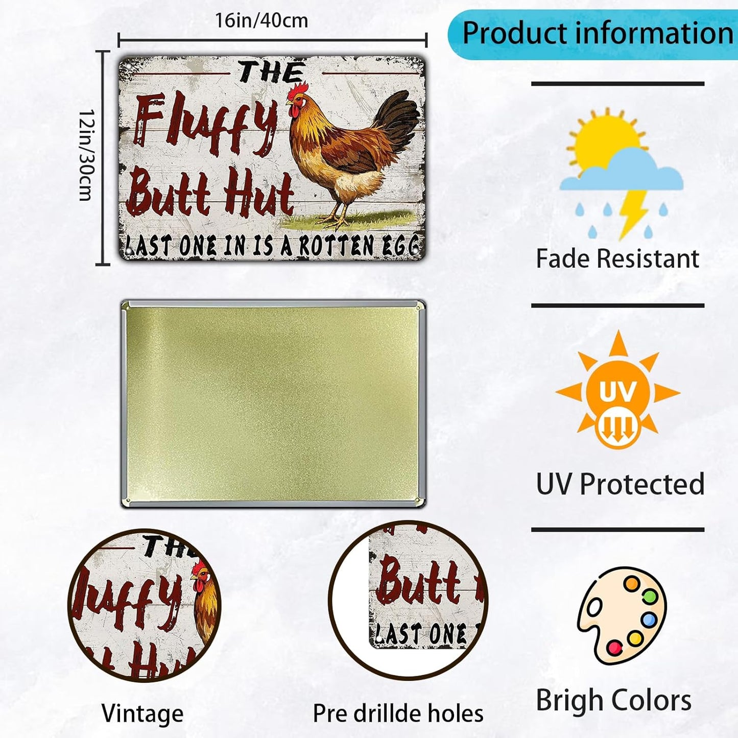 Funny Chicken Coop Metal Tin Sign 12x16 Inch Fluffy Butt Hut Last One In Is A Rotten Egg Chicken Tin Sign Chicken Coop Poster Home Kitchen Garden Bar Restaurant Coffee Are Wall Decor