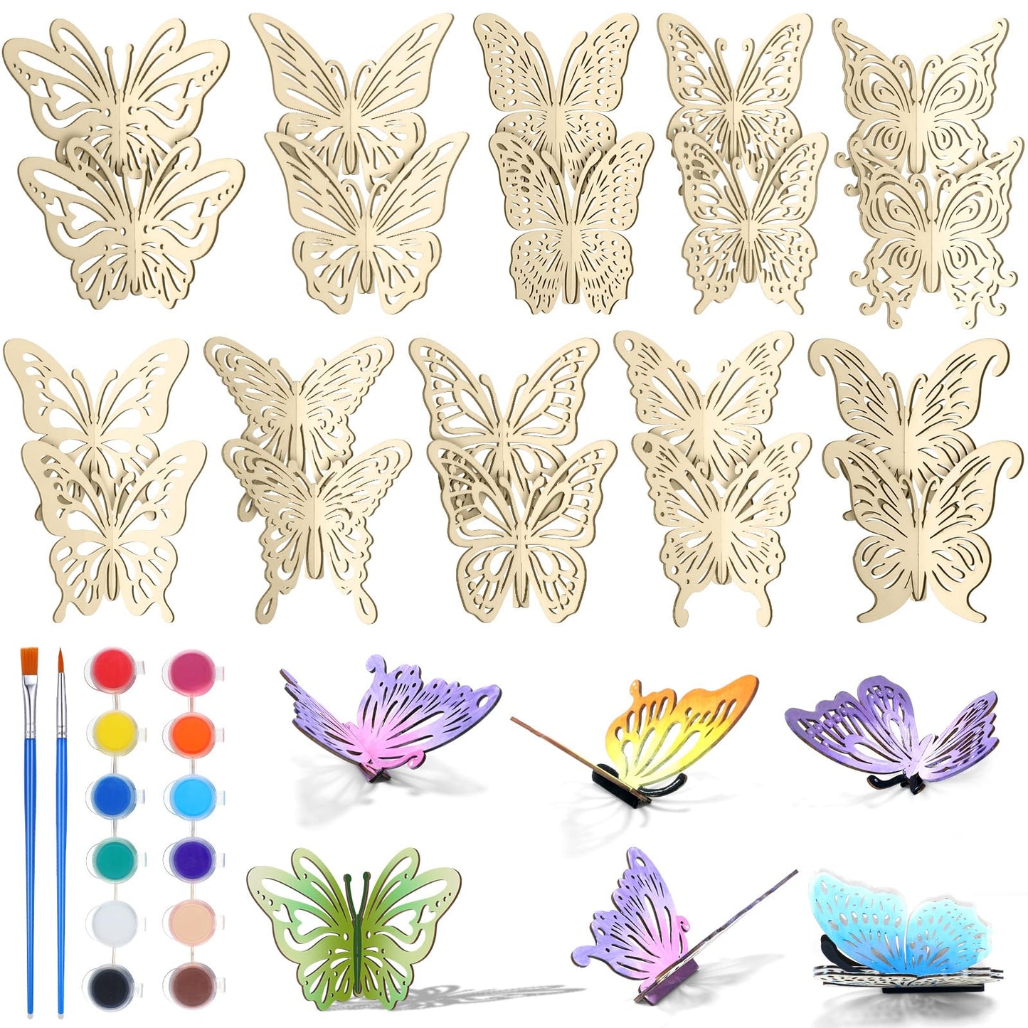 Yousoontic 20 Pcs Spring 3D Wooden Butterflies for Crafts Wood Butterfly DIY Crafts Unfinished Wooden Butterfly Cutouts Ornaments for Painting Spring Summer Tiered Tray Tabletop Decor