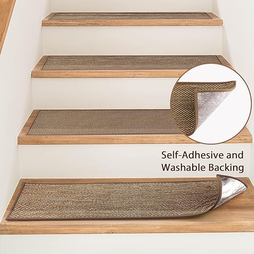 Natural Linen Stair Treads for Wooden Steps, 4 Pcs 8" x 30",Non Slip Stair Runner, Peel and Stick Carpet Indoor for Kids Elders and Pets (4, Brown, 8" x 30")