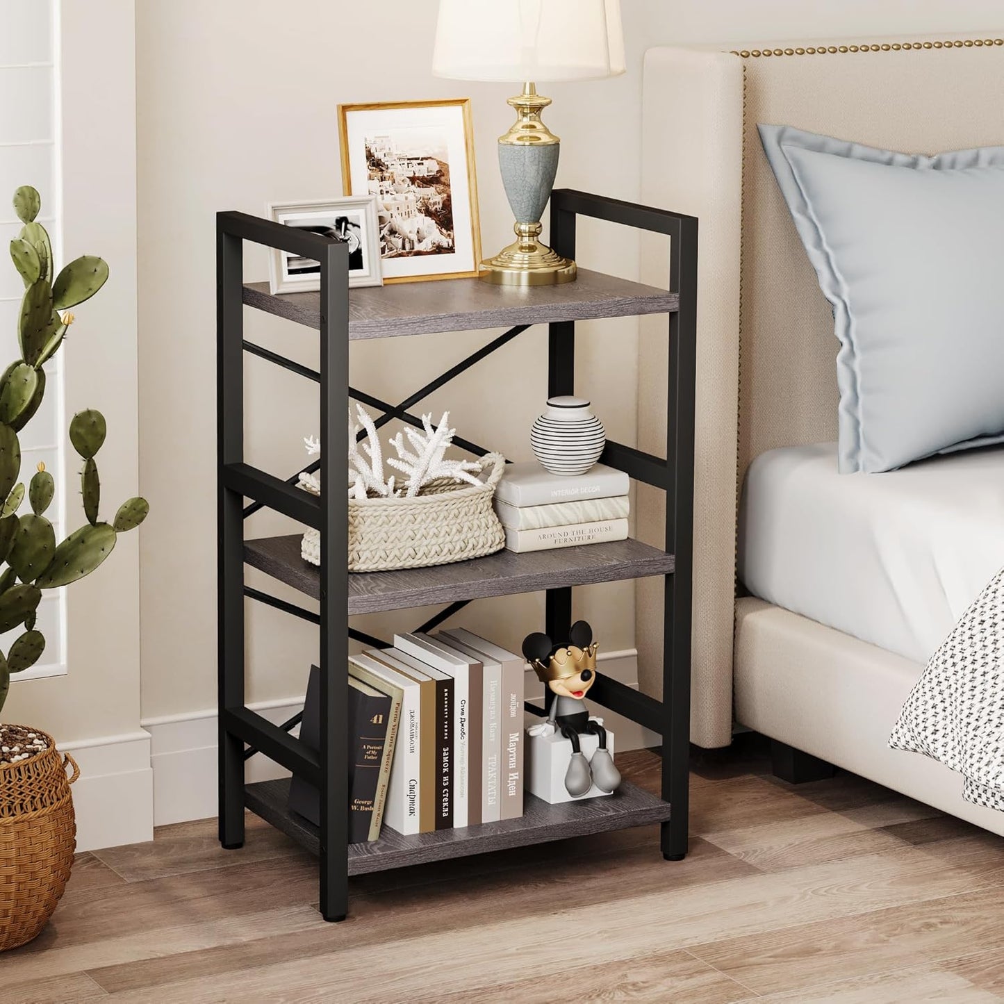 Homeiju Bookshelf, 3 Tier Industrial Bookcase, Metal Small Bookcase, Rustic Etagere Book Shelf Storage Organizer for Living Room, Bedroom, and Home Office(Grey) Patent Pending D29873033