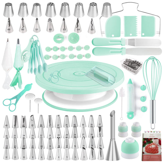 Cake Decorating Kit,137pcs Cake Decorating Supplies with Cake Turntable for Decorating,Pastry Piping Bag,Russian Piping Tips Baking Tools, Cake Baking Supplies for Beginners(Green)