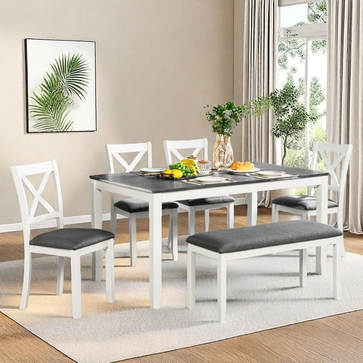 Dining Table Set for 5, 6-Piece Kitchen Table & Chairs Set with Rectangular Table, Bench & 4 Upholstered Chairs, 58.5'' Dinner Set with Wood Legs & X-Shaped Backrest for Kitchen, White&Gray