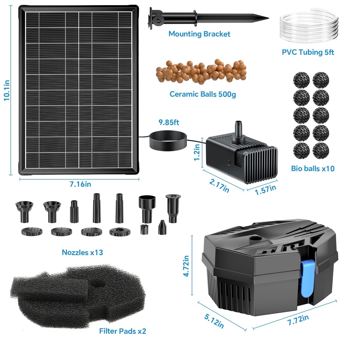 POPOSOAP Solar Fountain Pump with Pond Filter Kit Built-in 3000mAh Battery Backup, 8W Solar Water Fountain Pump, Pond Filters for Outdoor Ponds Bird Baths DIY Water Feature