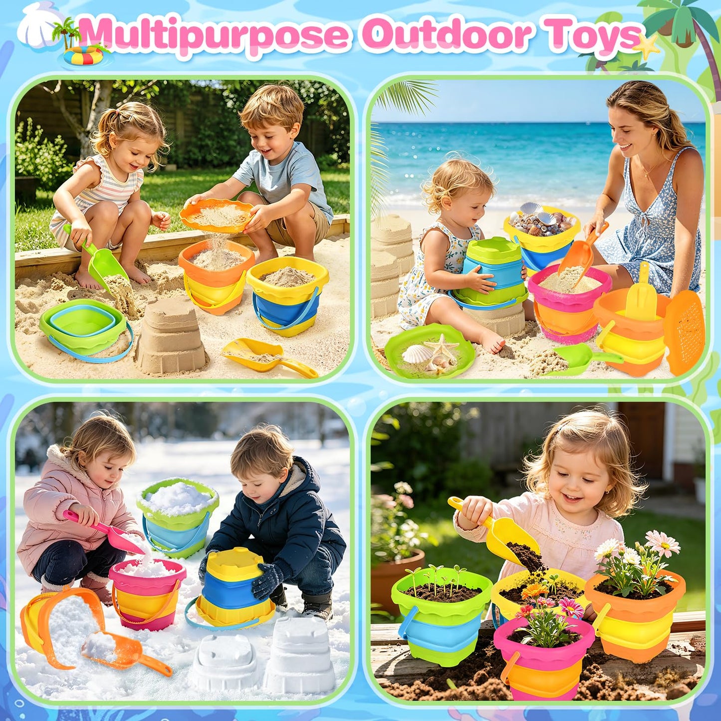 OCHIDO 4 Pack Collapsible Beach Toys for Kids Toddlers, Sand Toys with 4 Collapsible Beach Bucket with Sifter, 4 Beach Shovel and Storage Mesh Bag, Travel Sandbox Toys Beach Essentials for Age 3-10