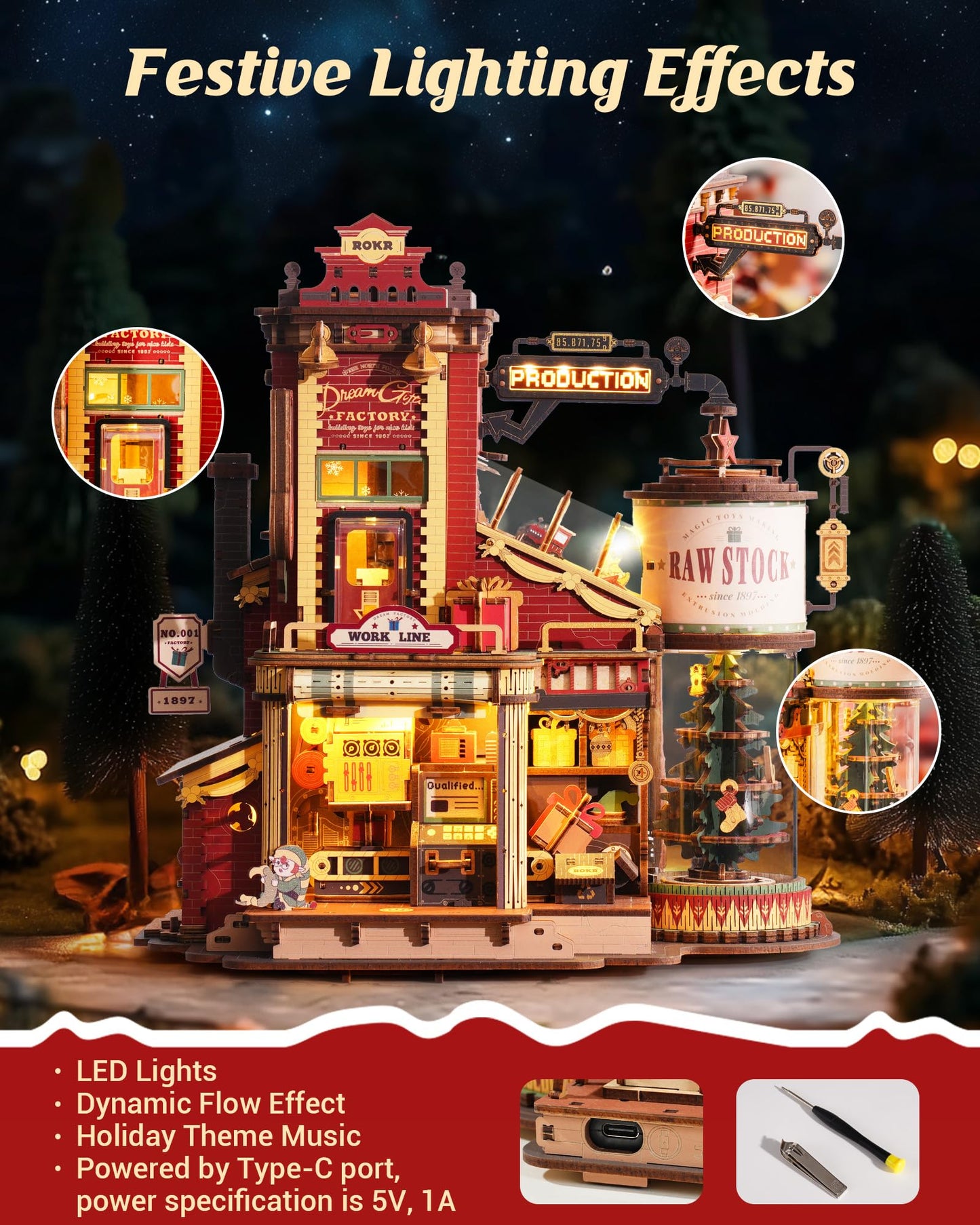 ROKR 3D Wooden Puzzle for Adult - Gift Factory Mechanical Model Kit with Music & Lights, 449pcs Adult Wooden Puzzles, DIY Building Puzzle for Adults