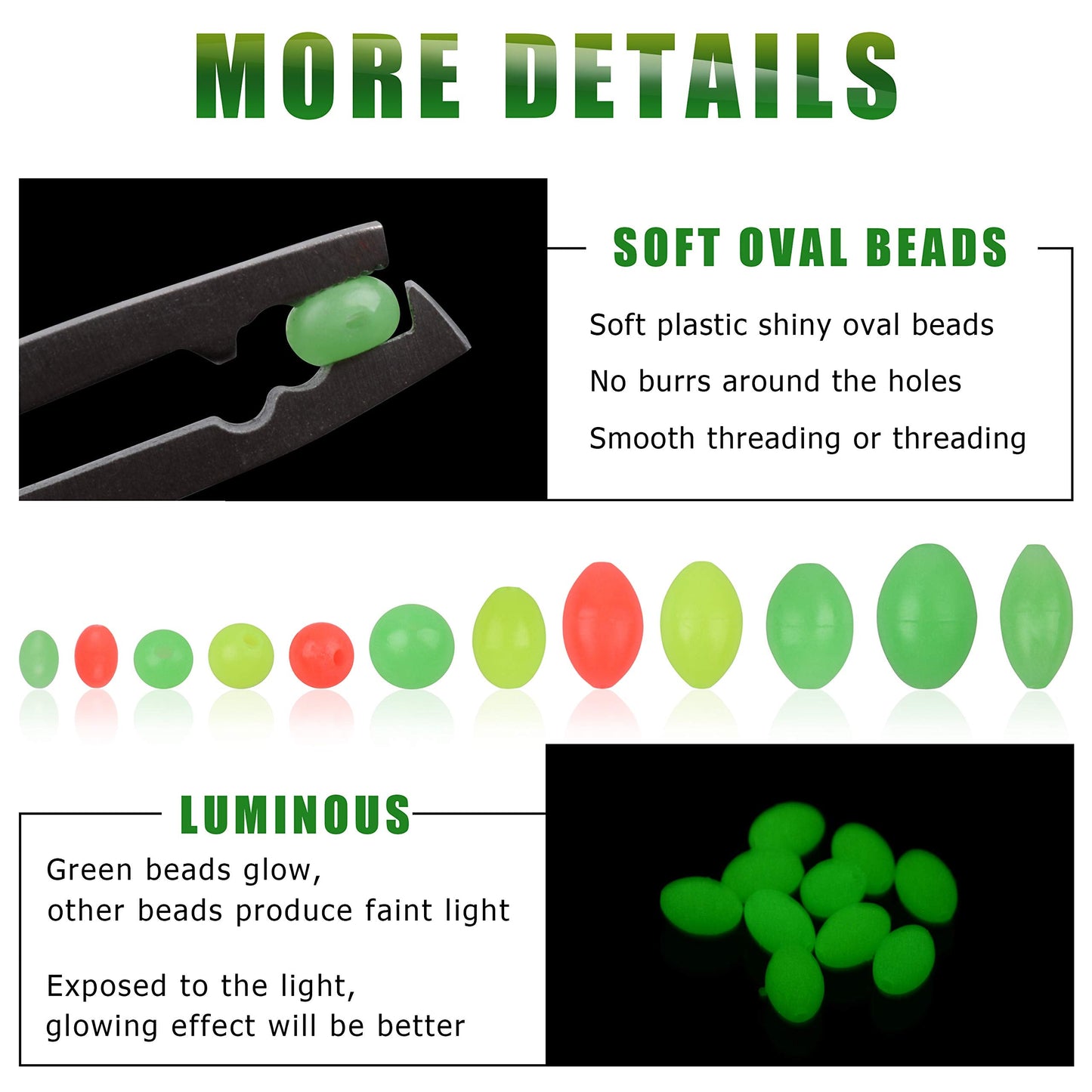 AGOOL Fishing Beads Assorted Set, 1000pcs Glow Beads Fishing Bait Eggs Soft Plastic Oval Round Luminous Beads Fishing Line Beads Fishing Lures Fishing Tackle Tool for Deep Drop Fishing Night Fishing
