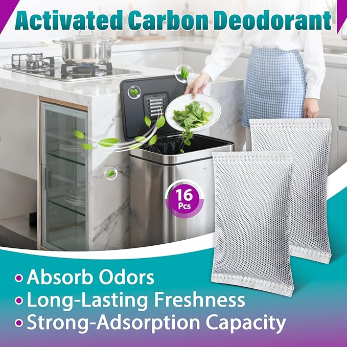 16 Pcs Activated Charcoal Odor Absorbing Filter Refills, Compatible with iTouchless 8 Gallon & Larger Trash Cans, Long-Lasting Deodorizer Replacement for Kitchen/Bathroom Use