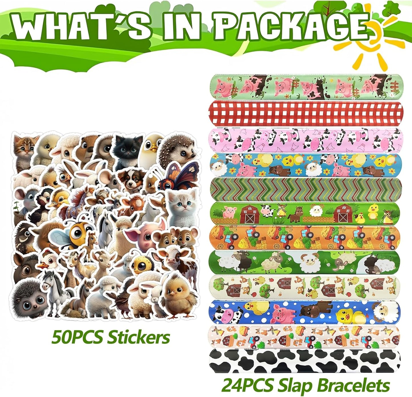 74PCS Farm Animals Party Favor 50PCS Barnyard Party Stickers&24PCS Slap Bracelets Farm Animals Birthday Supplies Team Gift Fillers School Classroom games Rewards Supplies