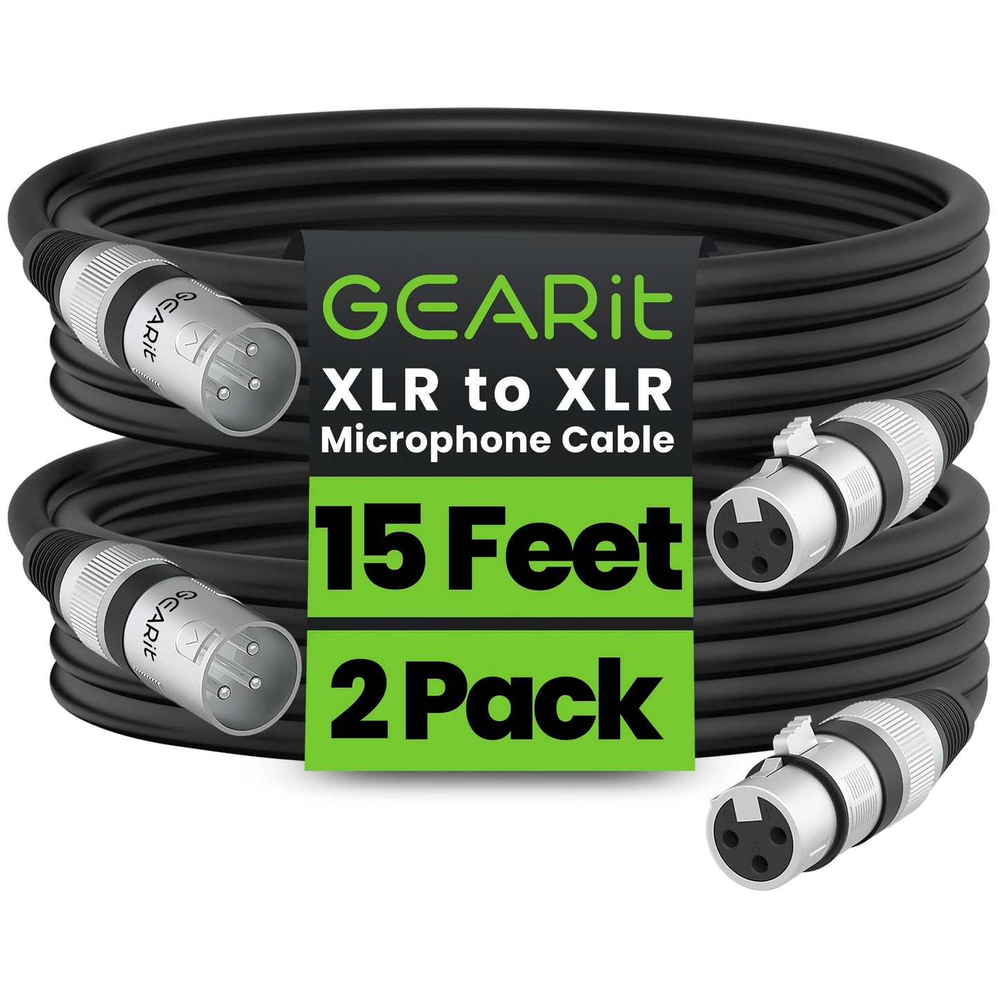 GEARit XLR Male to Female Microphone Cable (15 Feet, 2-Pack) 3-Pin Balanced Shielded Mixer, Recording Studio, Podcast - Black