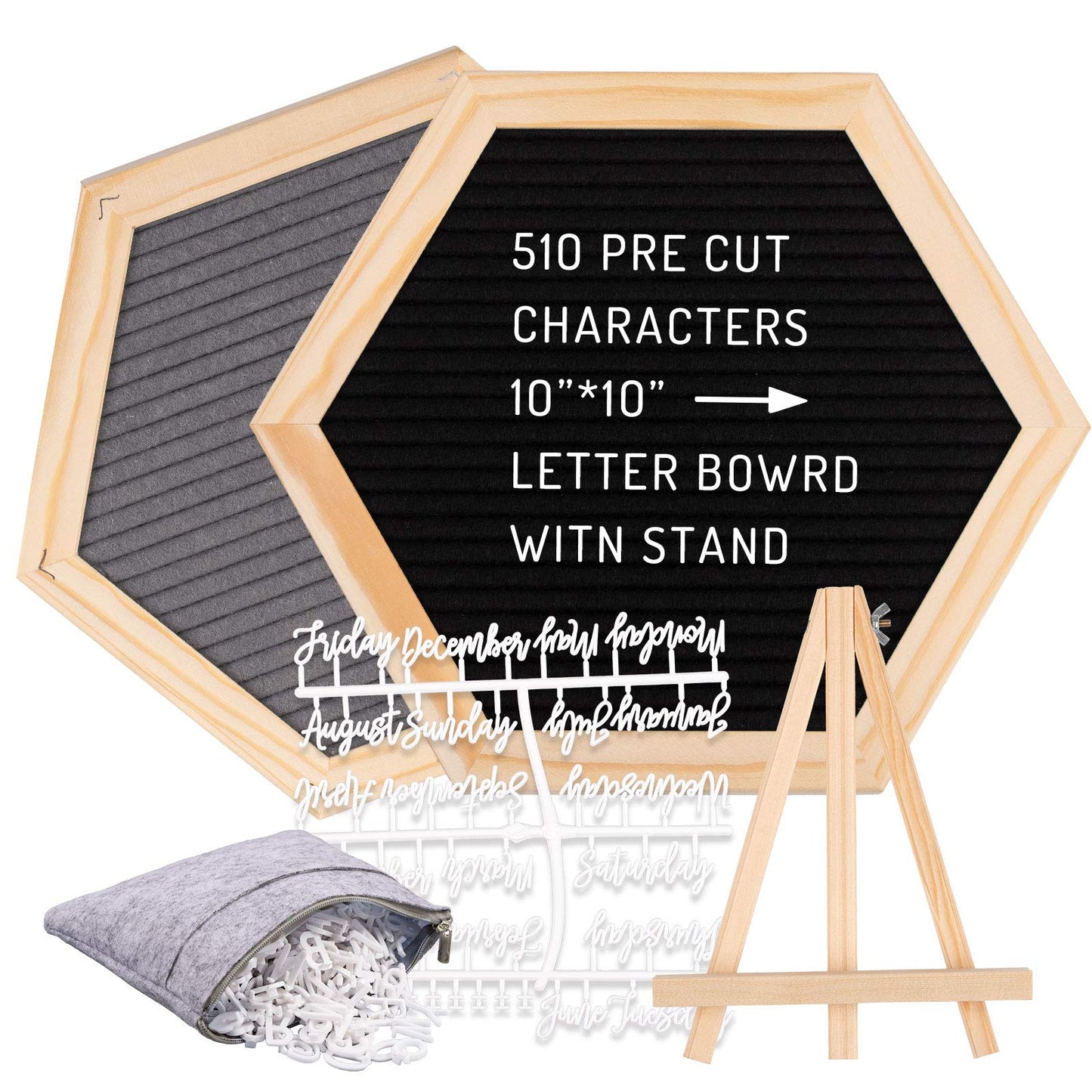Whaline Double Sided Felt Letter Board Kit with 510 Letters Wooden Stand Bag Hexagon Felt Letter Boards for Home Baby Nursery School Classroom Teaching Tool Office