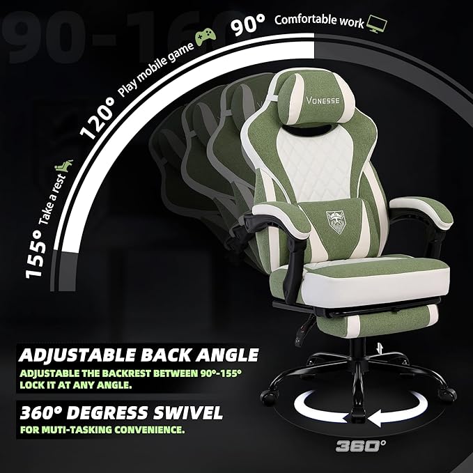 Vonesse Gaming Chair, Reclining Fabric Gaming Chairs for Adults 250LBS, Office Chair with Pocket Spring Cushion, Computer Chair with Footrest and Massage Lumbar Support (Green)
