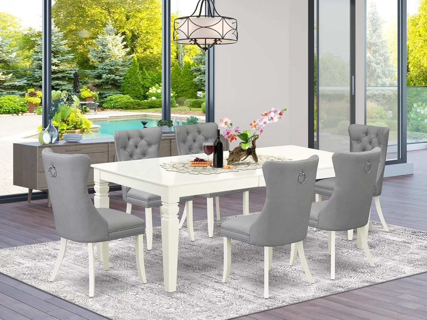 East West Furniture LGDA7-LWH-27 7 Piece Dining Set Includes a Rectangle Kitchen Table with Butterfly Leaf and 6 Polyester Fabric Parson Chairs, 42x84 Inch, linen white