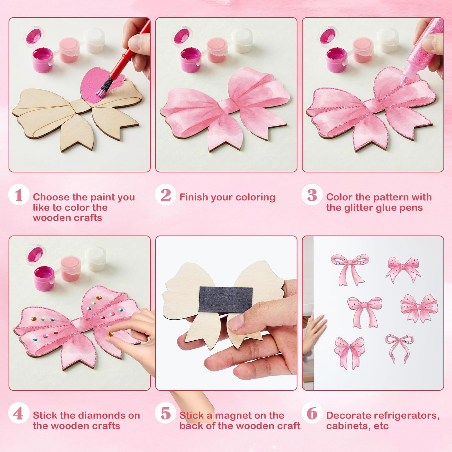 Bafeil 24 Sets Pink Bow Party Favors, DIY Wooden Bows Painting Crafts Kit with Magnets, Coquette Bow Birthday Decorations, Pink Bows Birthday Party Supplies Gifts Goodie Bags Stuffers Prizes