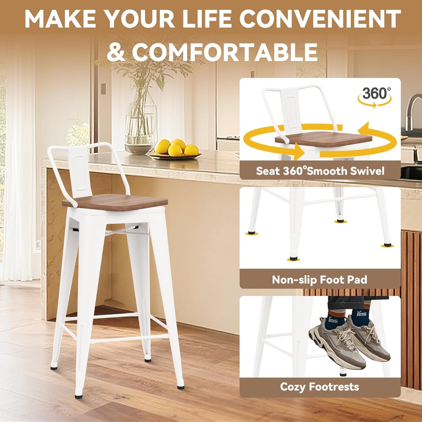 30 Inch Swivel Bar Stools Set of 4 with Backs Counter Height Industrial Metal Barstools Island Bar Chairs for Home Kitchen Dining Room (Swivel 30 inch, White Wooden)