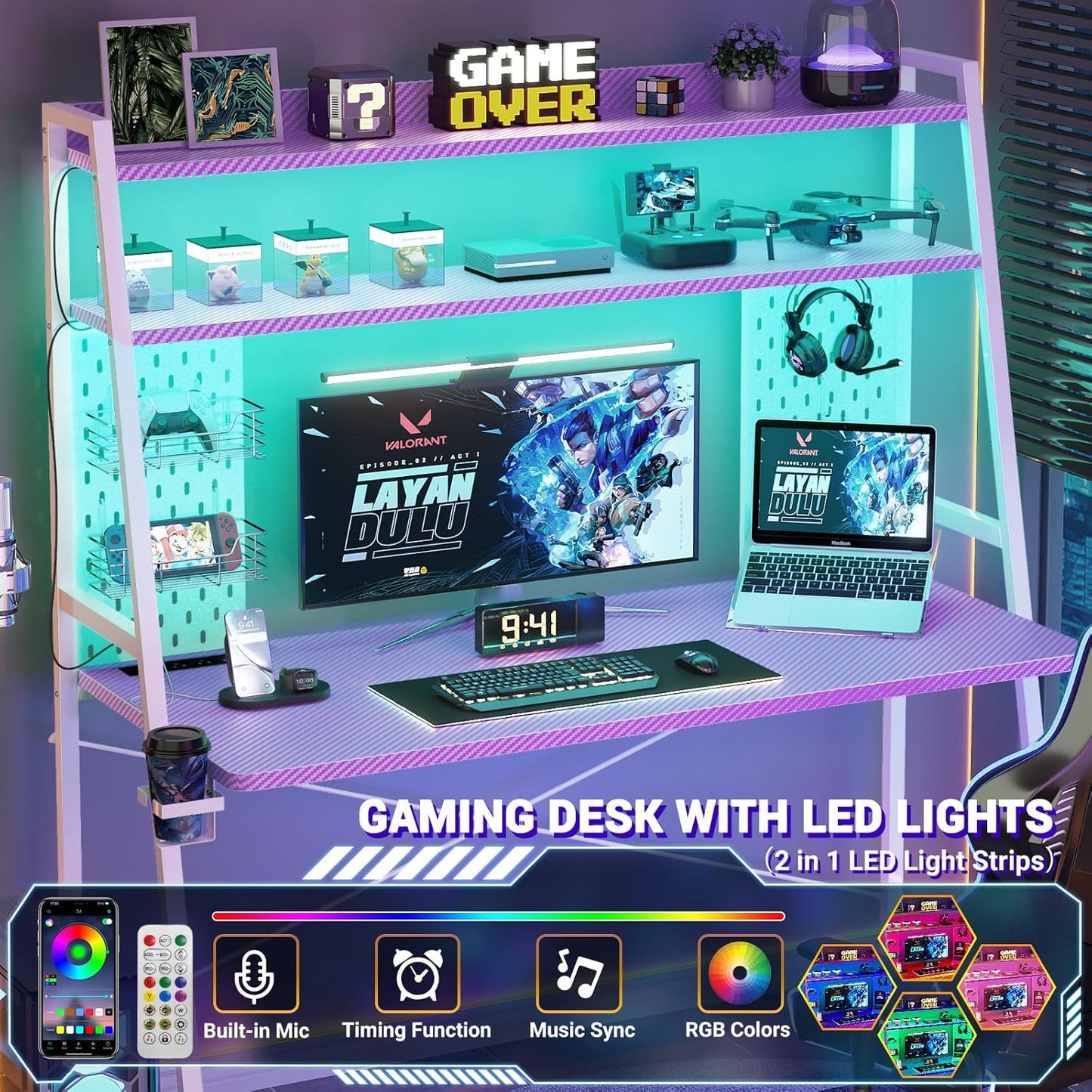Gaming Desk with Hutch and LED Lights, Gaming Computer Desk with Power Outlets, Gamer Desk with Storage Shelves, PC Gamings Desk with Pegboards for Bedroom, Carbon Fiber Purple, 49"