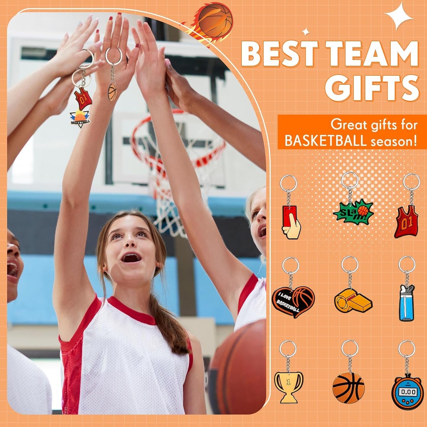 Batiyeer 36 Pack Basketball Keychains Bulk Party Favors Sports Ball Key Chains Funny Keyring Gifts for Birthday Supplies