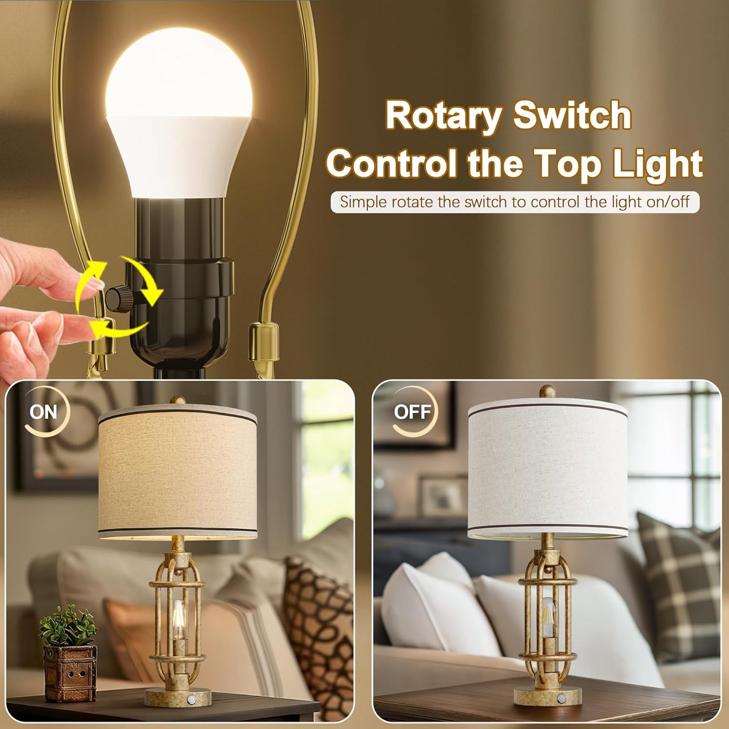 23.75'' Table Lamps Set of 2 for Living Room Bedroom Industrial Farmhouse Metal Touch Lamps with USB A+C Ports, Night Light Vintage Nightstand Bedside Lamp, Bulbs Included, Champagne Gold